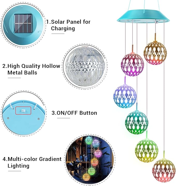 Solar Moroccan Ball Gifts for Mom Grandma Girls, Color Changing Christmas Solar Wind Chimes for Outside, Outdoor Decorative Mobile Lights for Garden, Yard, Patio, Window, Party.