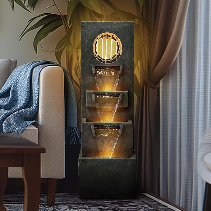 Modern Indoor Outdoor Waterfall Fountain - 39.3”Tall Relaxing Soothing Outdoor Freestanding Fountains with Lights&Pump, 4-Tier Outdoor Garden Fountain for House, Office, Garden, Patio