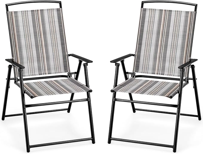 Giantex Patio Chairs Set of 2, Outdoor Folding Chairs with Armrests, Metal Frame, Outside Foldable Dining Chairs for Lawn Deck Porch Beach Yard (Stripe Pattern)