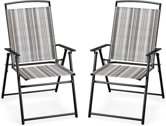 Giantex Patio Chairs Set of 2, Outdoor Folding Chairs with Armrests, Metal Frame, Outside Foldable Dining Chairs for Lawn Deck Porch Beach Yard (Stripe Pattern)