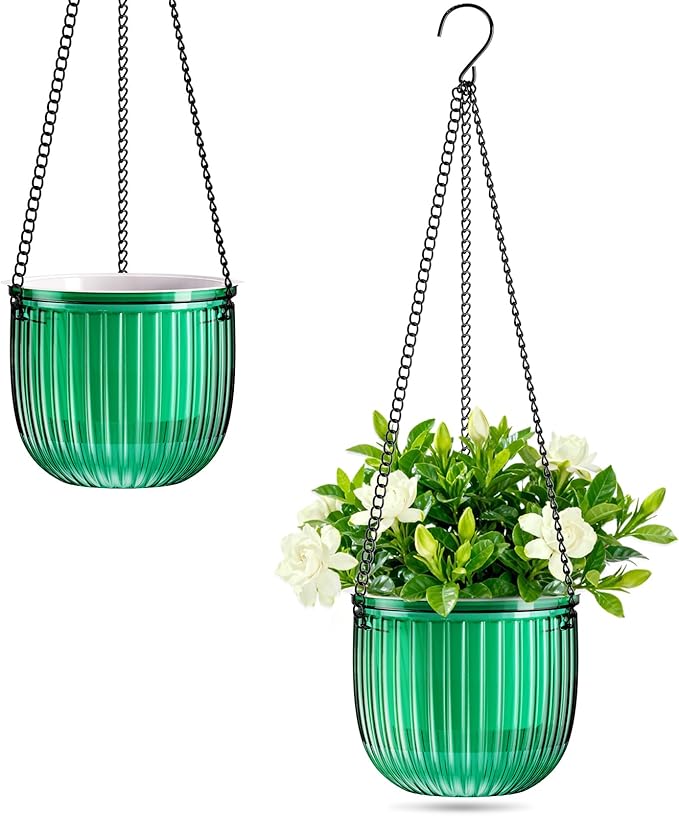 Halatool 2 Pack 6.5 Inch Self-Watering Hanging Planters for Plants, Indoor Hanging Flower Pots for Garden Home Wall Decor, Green