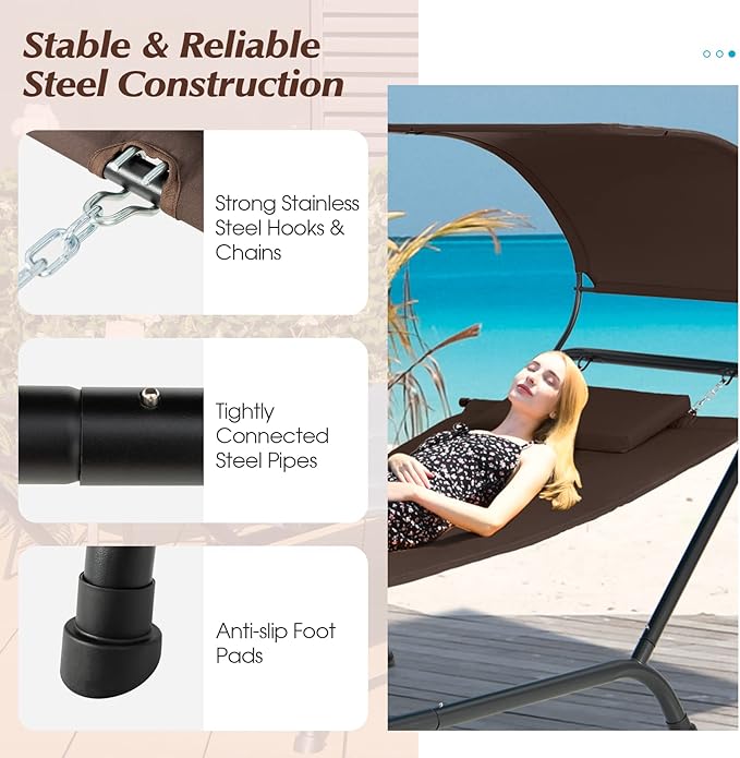 Giantex Hanging Hammock with Stand, Patio Hanging Chaise Lounge Chair w/Canopy, Cushion, Pillow & Storage Bag, Heavy Duty Swing Hammock Bed for Garden Lawn Backyard Patio Poolside Porch (Brown)