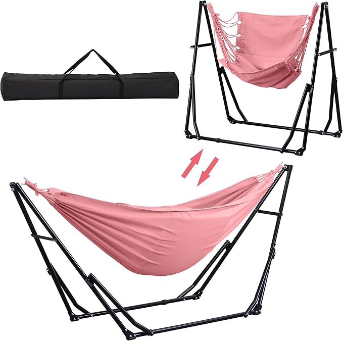 Ainfox Hammock with Foldable Stand, 2 in 1 Hammock and Swinging Chair with Carrying Bag, Portable Camping Chair Suitable for Outside, Swing,Patio,Garden,Camping Trip Pink