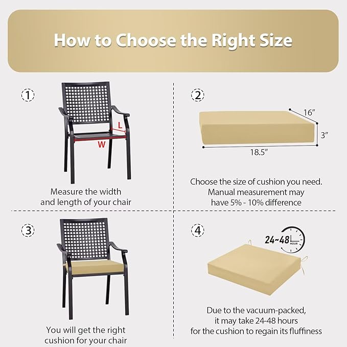 Outdoor Chair Cushions Set of 6, 18.5 x 16 Inch Patio Chair Cushions for Outdoor Furniture, Water Resistant, Non-Slip Ties (Khaki)
