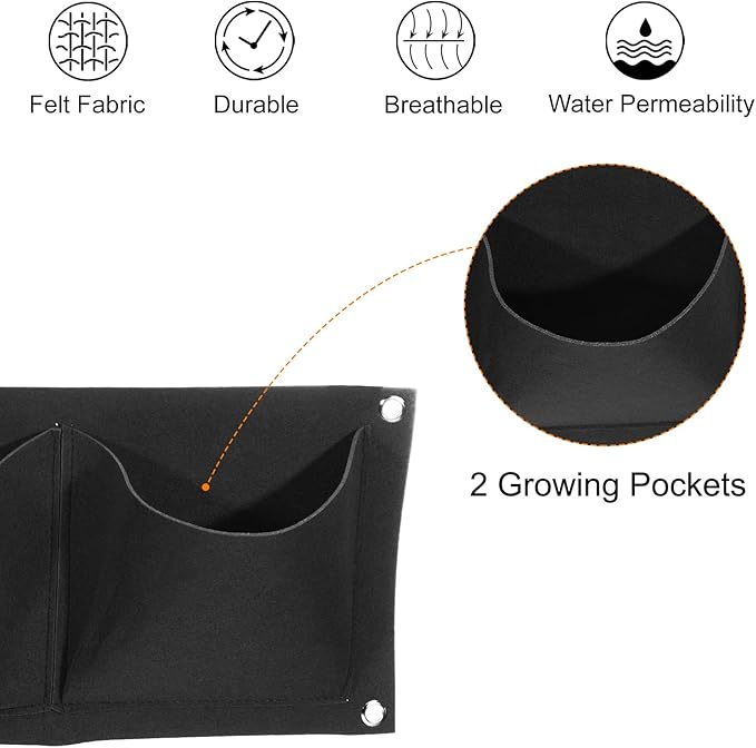MECCANIXITY Vertical Hanging Grow Bag with 2 Pockets, Wall Mounted Felt Fabric Flowerpot Bag Plant Container for Garden Home Decoration, Black