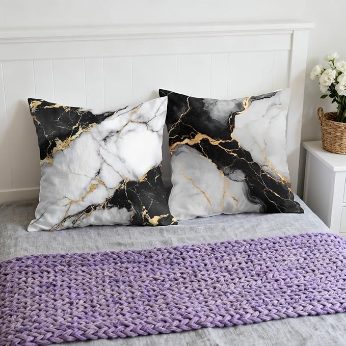 Marble Pillow Covers 18x18 inch Set of 4, White Black Gold Texture Modern Elegant Pillow Covers, Pillowcases Throw Pillow Covers for Sofa Couch Home Decor