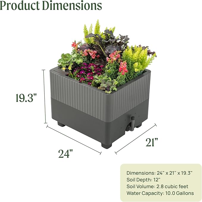 Vego garden EZCube Self Watering Planter Box Outdoor, Raised Garden Bed with Water Gauge for Balcony, Rooftop, Patio, Backyard 21" x 24" Fog Gray