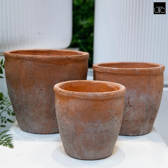 Urban Trends Ceramic Short Wide Round Flower Pot Set of Three Washed Finish Vermilion..7.75"x7.75"x7.00"H; 6.50"x6.50"x6.00"H; 5.50"x5.50"x5.00"H