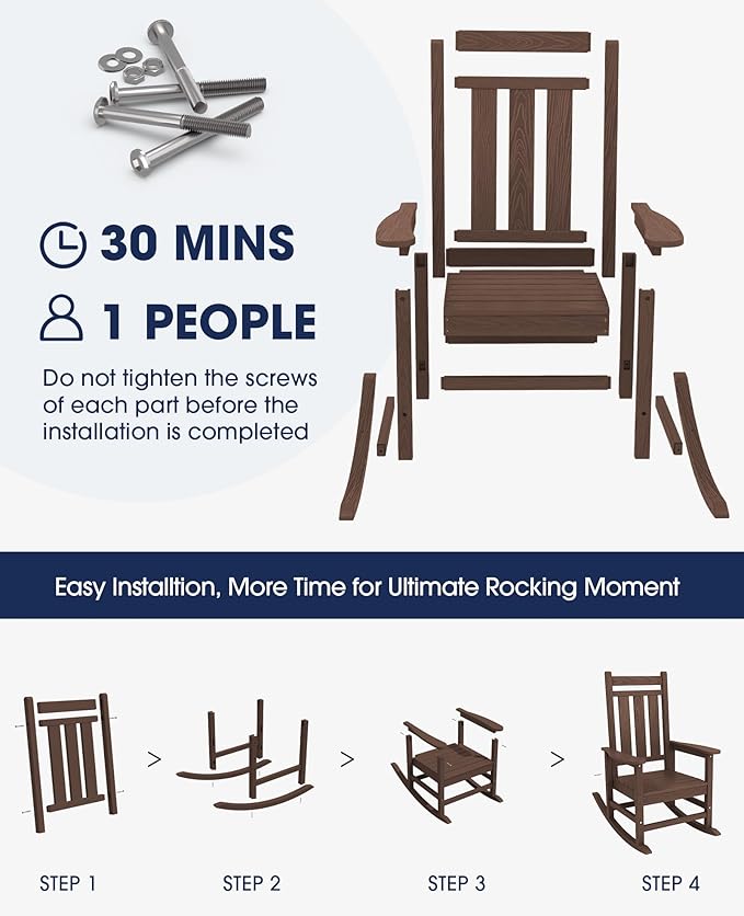 KINGYES Outdoor Rocking Chair, All-Weather Patio Rocking Chairs for Porch, HDPE Rocking Outdoor Chairs with High Back for Adult, Heavy Duty Outdoor Patio Rockers for Garden, Lawn, Coffee