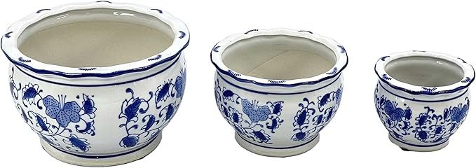 Galt International Blue & White Floral Porcelain Ceramic Decorative Flower Pot 8"/6"/4.5" Garden Pots Chinese Asian Design - Set of 3 Round Pots