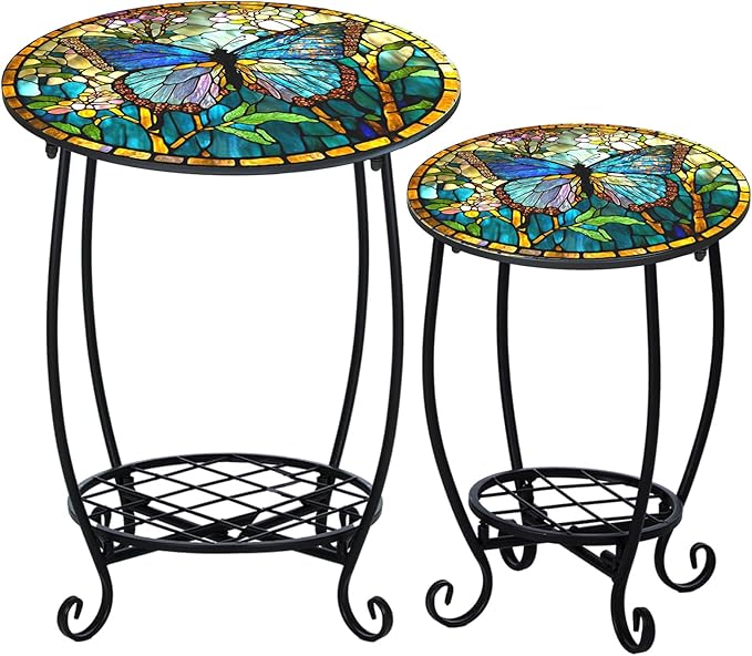 2 Pcs Outdoor Side Table Small Patio Round Mosaic Accent Indoor End Table Plant Metal Coffee Tea Tables for Patio Yard Porch Garden Living Room(12" and 16",Butterfly Style)