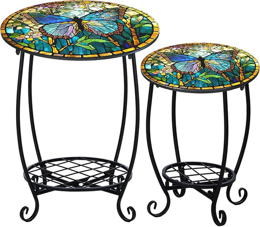2 Pcs Outdoor Side Table Small Patio Round Mosaic Accent Indoor End Table Plant Metal Coffee Tea Tables for Patio Yard Porch Garden Living Room(12" and 16",Butterfly Style)
