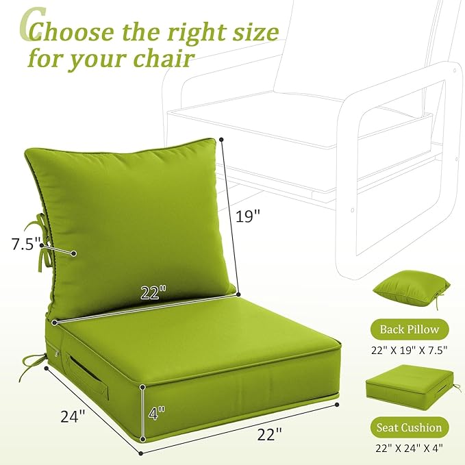 Outdoor Patio Chair Cushions Set 22 L X 24 W X 4 H Waterproof & Fade Resistant Deep Seat and Back Cushions with Removable Covers Outdoor Seat Cushion Set for Chairs and Sofas
