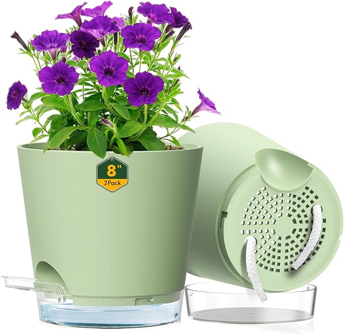 8 inch Self Watering Pots for Indoor Outdoor Plants, 2 Pack Flower Plant Pots with Drainage Holes & Clear Reservoir for Visible Water Level, Plastic Wicking Planters for House Plants, Green