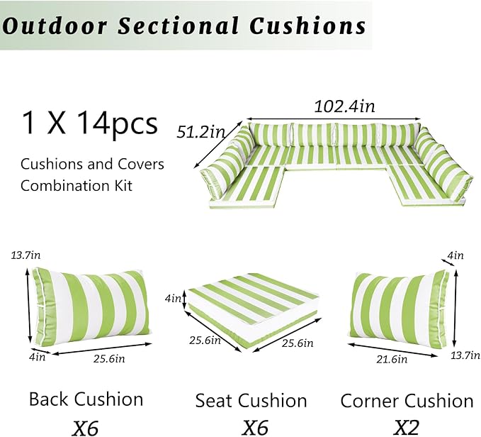Outdoor Sectional Cushions Replacement Set, 26x26in Patio Furniture Cushions, 14 Pieces Waterproof Outdoor Couch Cushion for 6 Seat Wicker Conversation (Grass Green with White Stripes)
