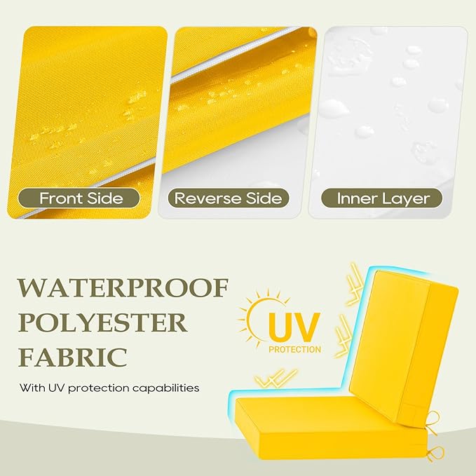 Wellsin Outdoor Cushions for Patio Furniture, Waterproof Outdoor Seat Cushions with Ties and Handle, 22X22 Outdoor Cushions, Outdoor Deep Seat Cushions with Removable Cover, Yellow