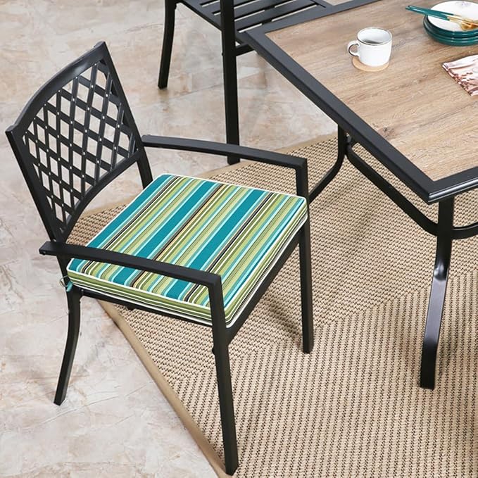 FUNHOME Outdoor Chair Cushions 18"x18"x2.5" Set of 2,Water Resistant Patio Chair Cushion with Zipper&Ties,18x18 Inch Replacement Square Seat Cushion for Garden Chairs(Green Stripe)