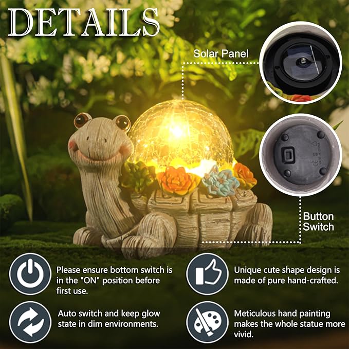 Solar Turtle Garden Statue Lights for Outdoor Decor with Cracked Glass LED Figurine Lighting Resin Succulent Tortoise Decorations Patio Lawn Yard Housewarming Mom Gifts (Grey, Large)