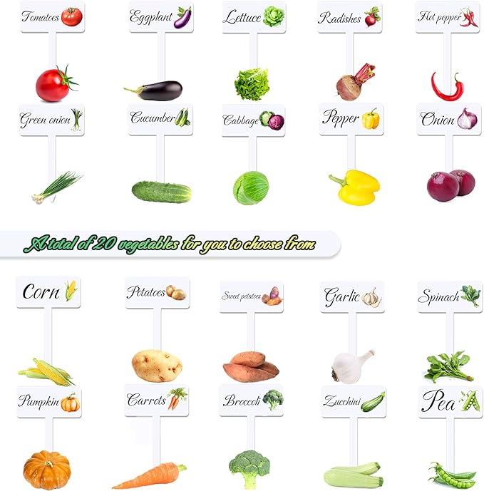 20pc Garden Signs - 20 Styles, Waterproof, Reusable Plant Stakes with Names for Vegetables and Indoor/Outdoor Decoration