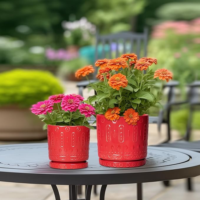 6 Inch Plant Pot, Ceramic Flower Pots for Indoor Outdoor Plants, Round Pots for Plants with Drainage Hole and Tray, Boho Decorative Planter, Kitchen Decor, Gardening Gifts for Women, Red