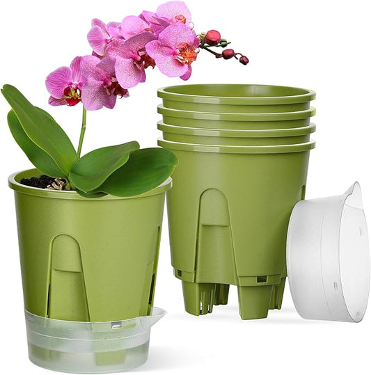 Plant Pots 6 inch Set of 5, Self Watering Pots for Indoor Outdoor, Upgraded Water Inlet Self Watering Planters Flower Pots with Drainage Hole and Clear Saucer Reservoir (Green)