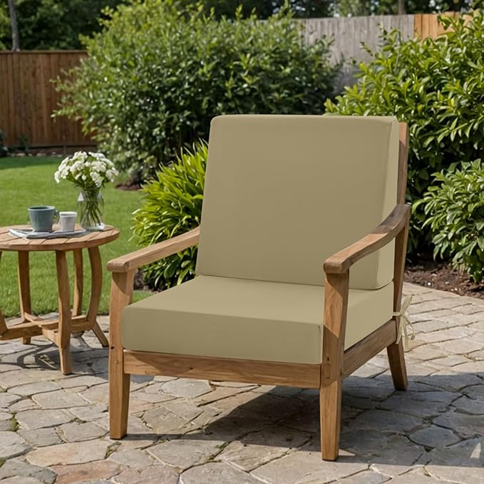 Outdoor Cushions for Patio Furniture 24x24, Outdoor Seat Cushion & Inclined Back Cushion with Ties, Waterproof Replacement Deep Seat Couch Sofa Chair Cushion for Backyard Garden Deck, Khaki