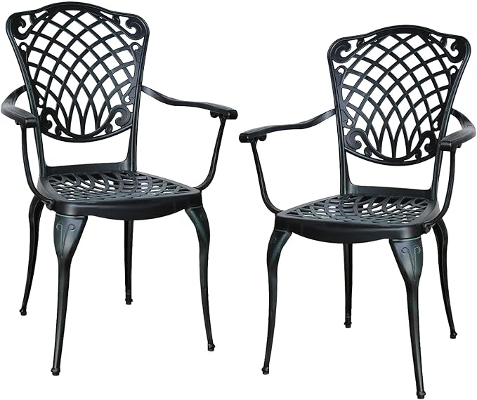Outdoor Patio Chairs Set of 2, High Back Bistro Chairs Set of 2 with Armrests, Cast Aluminum Metal Patio Dining Chairs for Garden Deck Backyard, Vintage Green