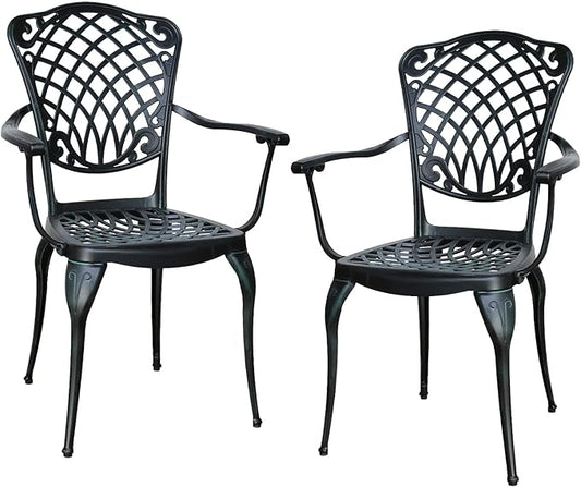 Outdoor Patio Chairs Set of 2, High Back Bistro Chairs Set of 2 with Armrests, Cast Aluminum Metal Patio Dining Chairs for Garden Deck Backyard, Vintage Green