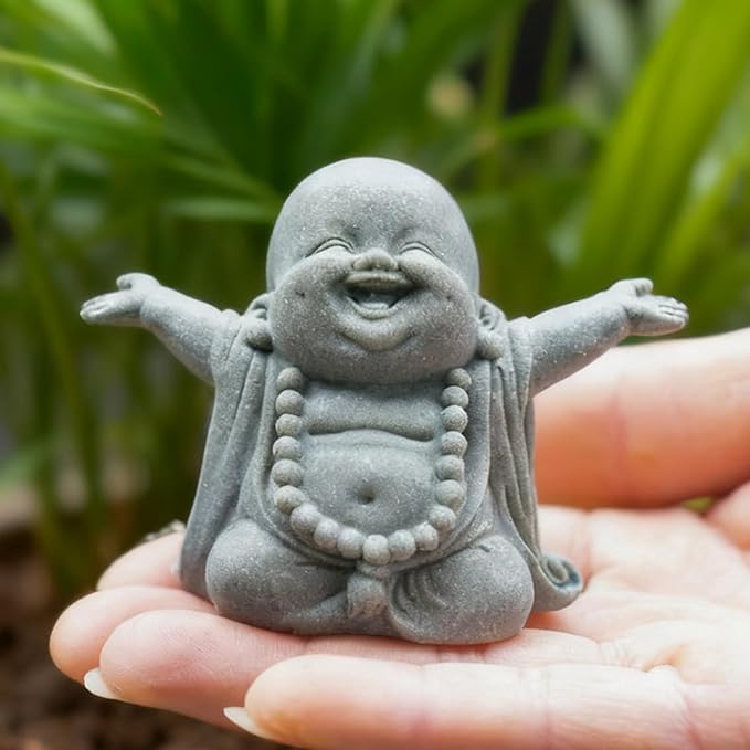 OwMell Japanese Jizo Monk Statue, Buddha Jizo Figurine Memorial Aquarium Statue Ornament - Laughing Buddha Small