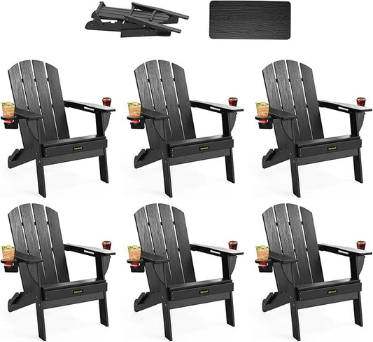 Folding Adirondack Chair Set of 6, Wooden Textured Plastic Adirondack Chairs with 2 Cup Holder, Weather Resistant HDPE Fire Pit Chair, Outdoor Patio Chairs for Garden, Backyard, Lawn, Deck, Black