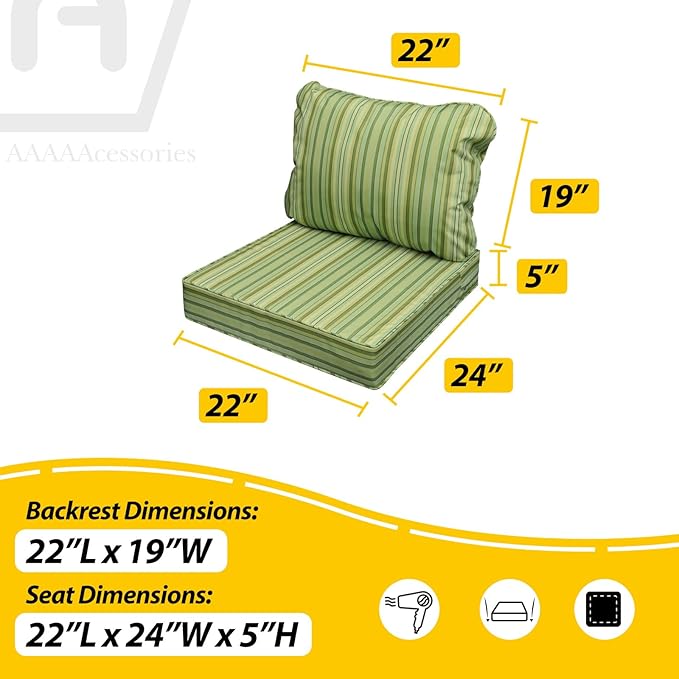 AAAAAcessories Outdoor Seat Cushions for Chairs, Fade-Resistant, Waterproof Patio Furniture Replacement Cushions, 22" x 24" x 5" + 22" x 19", Mossy Forest Stripe