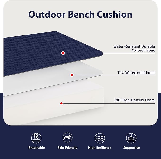 Favoyard Outdoor Bench Cushion 48 x 18 Inch Waterproof Patio Furniture Cushions 3-Year Color Fastness Garden Sofa Settee Couch Swing Pads with Handle and Adjustable Straps, Blue
