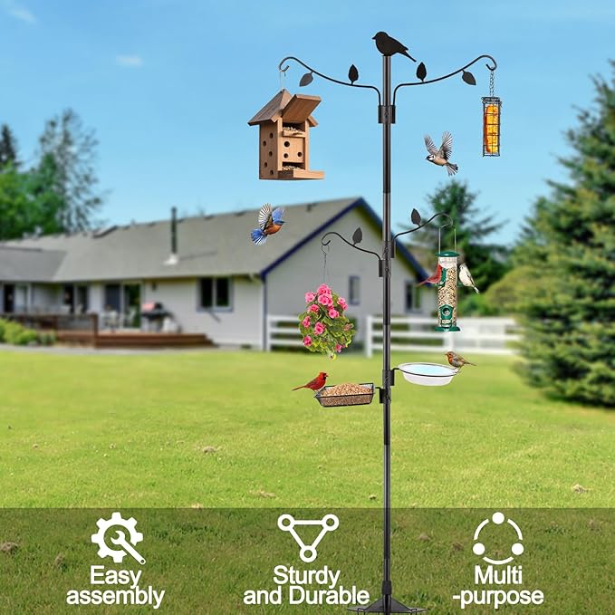 Camii 4Hook Shepherd Hooks for Outdoor, 75" Heavy Duty Bird Feeder Pole with 5 Prongs Base, Adjustable Garden Hook for Hanging Plant, Hummingbird Feeder, Lantern, Solar Light, Garden Hook for Outside