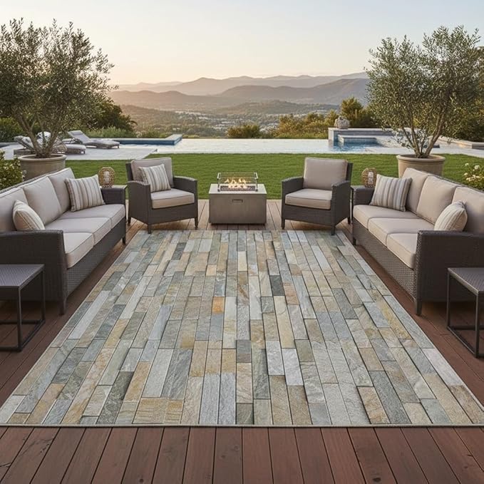 3D Visual Beige Brown Gray Stone Brick Outdoor Rug 7x9 Modern Abstract Wall Tiles Print Waterproof Outdoor Rug for Courtyard Pool Patio Deck Garden Balcony Porch Rustic Non Skid Thin Outside Mat