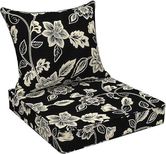 Outdoor Deep Seat Cushion Set, Water Repellent 22"x22" Patio Thick Cushions Replacement with Seat & Back Pillow for Patio Sofa, Wicker Chair, Couch - Vines Black