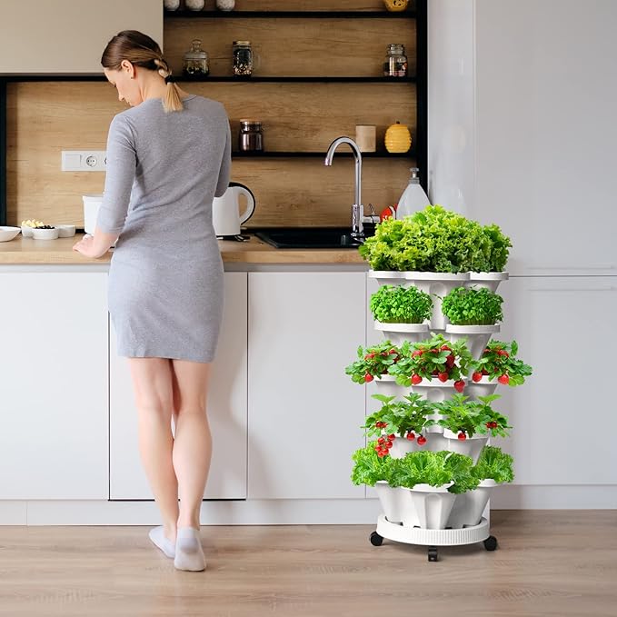 Strawberry Vertical Planters 5 Tiered, Stacking Tower Garden, Stackable Herb Vegetable Planters with Movable Casters and Bottom Saucer Indoor and Outdoor - White