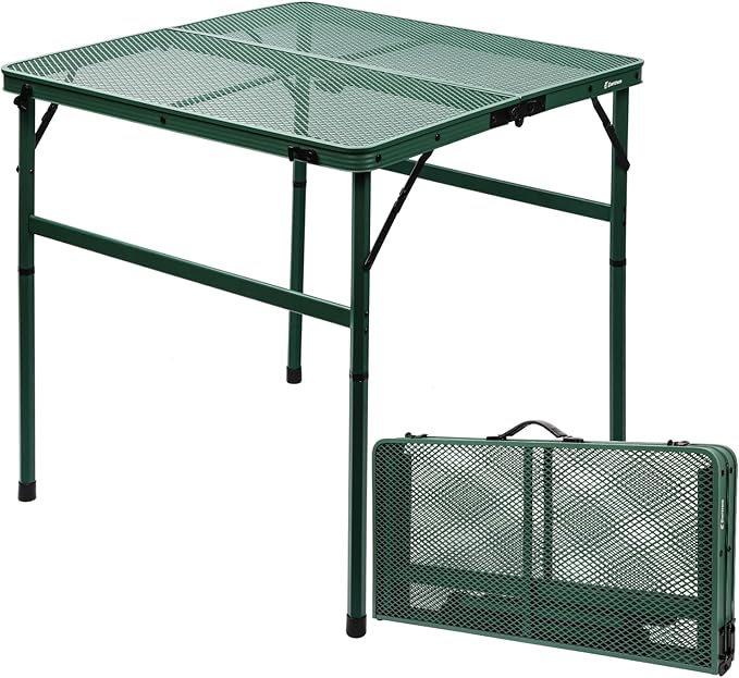 Square Folding Card Table with Adjustable Height (12" & 26"), Green Portable Metal Mesh Table for Camping, BBQ, Picnic, Game, Patio & Indoor Use, Fits 2–4 People, Lightweight 7.6 lb, Supports 66 lb