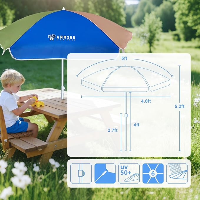 AMMSUN 5ft Seaside Beach Umbrella for Sand and Water Table - Kids Durable Umbrellas for children Beach Camping Garden Outdoor Play Shade