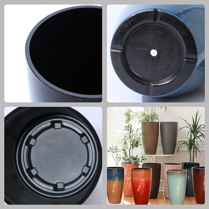Plant Pots Large Plastic Planters 2Pack Glossy Blue Outdoor Tall Planter Plant Containers for Garden,Patio,Porch,Front Door,Backyard,Corner Decor Planters For Plants With Drainage Hole & Insert Shelf