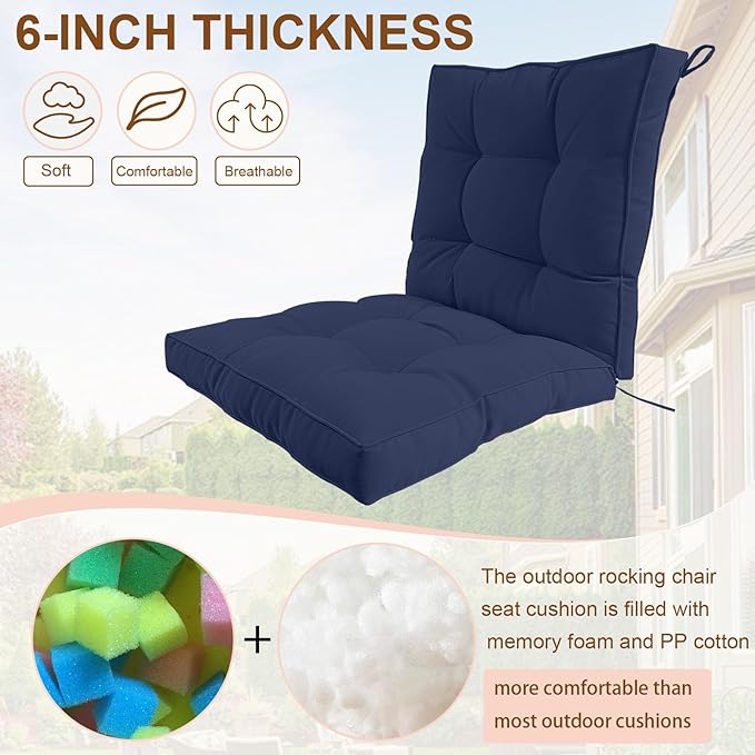 2 Piece Outdoor Patio Chair Cushions, Fade Resistant Outdoor Cushions for Patio Furniture, 6 inch Thickened Rocking Chair Cushions Set (Navy Blue, 24x24x6 inch - 2 Pieces)