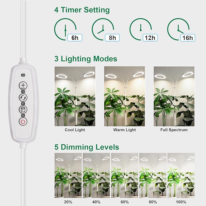 LBW Dual Head Grow Light with Stand for Indoor Plants, Full Spectrum Grow Light for Multiple Tall Plants, Adjustable Height up to 68", Auto Cycle Timer 6/8/12/16H, 5-Level Dimmable, 3 Lighting Modes