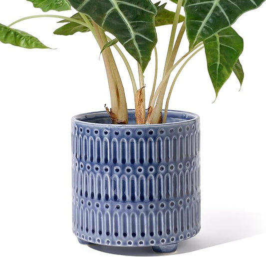 5 Inch Ceramic Planters for Indoor Plants, Blue Cactus Snake Plant Pots with Drainage, Unique Design Round Flower Pot for Home Decoration