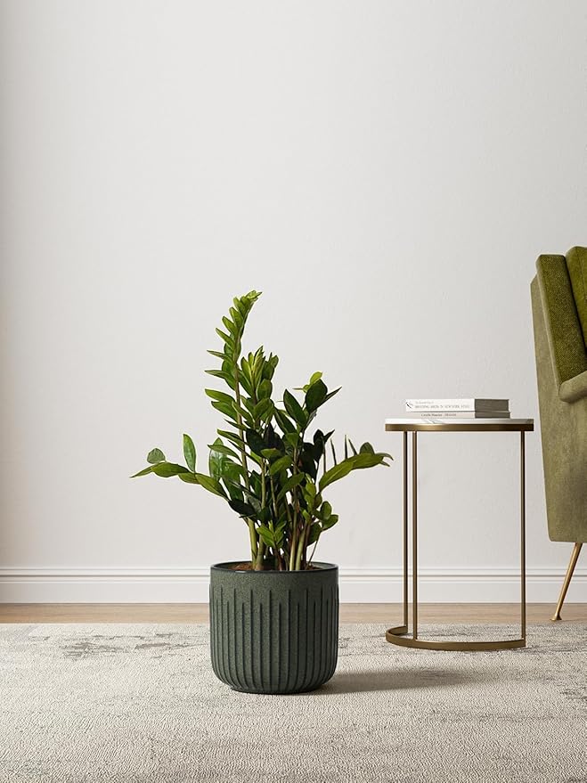 LE TAUCI Fluted Ceramic Pots for Plants, 8.3/7/6 Inch Indoor Planters with Drainage Holes & Mesh, Modern Glossy Glaze Cylinder Plant Pot for Snake Plant, Set of 3, Dark Olive