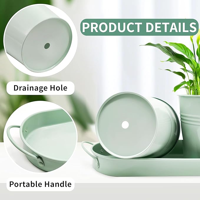 TCBWFY Indoor Herb Garden Planter Set, 3-Pack 4.7 Inch Green Metal Plant Pots with Drainage Holes & Removable Tray, Windowsill Planter for Kitchen Countertop, Balcony, Office