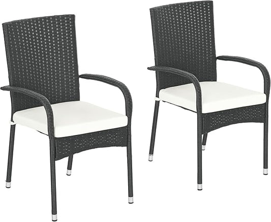 Outsunny Stackable PE Rattan Outdoor Dining Chairs with Cushions, Set of 2 Patio Wicker Dining Chairs with Armrests and Backrest for Patio, Deck, Cream White