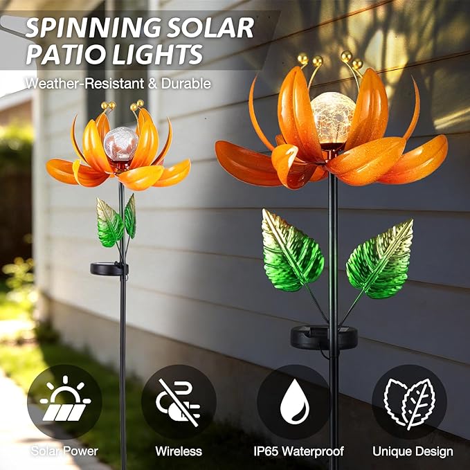 Outdoor Solar Lights Garden Decor,Wind Spinner Yard Decorations for Outside, Lotus Garden Windmill with LED Cracked Crystal Waterproof Flower Sculpture for Patio Lawn Gardening Gifts