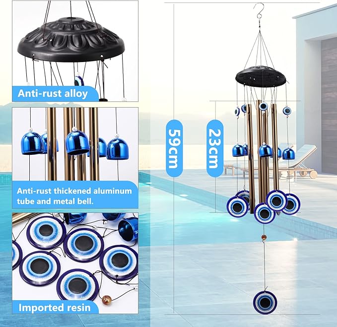 BWINKA Blue Evil Eye Amulet Wind Chimes Bells Outdoor Decor,Metal Windchimes for Garden Patio Backyard Home Decor…