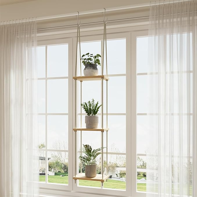 Window Plant Shelves 3-Tier Hanging Plant Shelves for Indoor Window Shelf for Plants Wall Mounted Window Sill Plant Shelf Living Room Garden Boho Decor