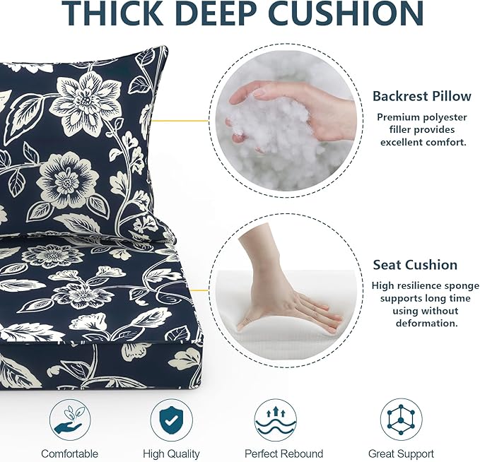 Outdoor Deep Seat Cushion Set, Water Repellent 24"x24" Patio Thick Cushions Replacement with Seat & Back Pillow for Patio Sofa, Wicker Chair, Couch - Vines Navy
