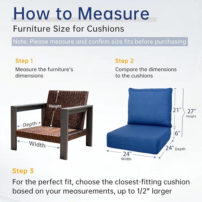 Belord Luxury 6" Thick Outdoor Cushion Set - 24 x24 Inch 28D Sponge Filling Fade-Resistant Chair Cushion, Spill Proof Removable Patio Furniture Replacement Cushion for Sofa Bench Swing - Blue